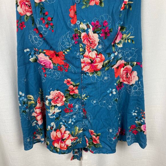 Torrid Blue Floral Rayon Slub Button Up With Waist Detail Tank Blouse Sz.3 - Picture 8 of 16